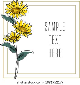 Sunflower frame card template. Continuous one line drawing and coloring. Modern minimalist art. Vector illustration.