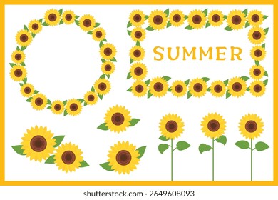 Sunflower frame illustration set, summer flowers