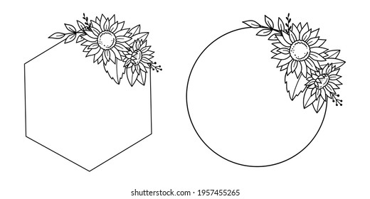 Sunflower frame. Round and hexagonal flower frame. Outline drawing. Line vector illustration.  Isolated on white background. Design of invitations, wedding or greeting cards.