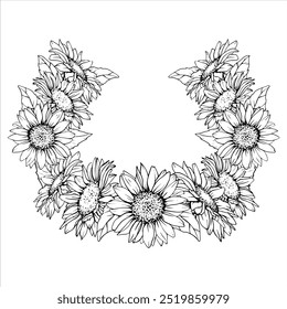 Sunflower Frame. Vector Flower arrangement drawing in line art style. Botanical illustration of chamomile painted by black inks. Hand Drawn Bouquet of daisies. Graphics element outline