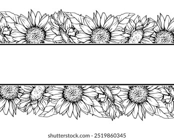 Sunflower Frame. Vector Flower arrangement drawing in line art style. Botanical illustration of chamomile painted by black inks. Hand Drawn Bouquet of daisies. Graphics element outline