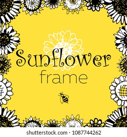 
Sunflower frame vector illustration linear drawing by hand bee contour