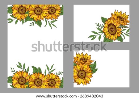 Sunflower frame vector illustration. Sunflowers isolated. Botanical floral illustration. Sunflower background with greenery