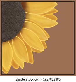 Sunflower in a frame. Vector image of a sunflower. Drawing of a sun flower. Plants and nature. Bright flowers. Seeds. Bright yellow flower.