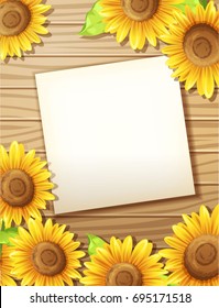 Sunflower frame with white card and brown wood floor