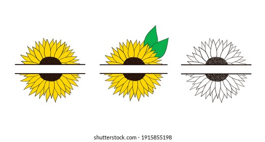 Sunflower frame for your text. Set sunflowers.  Vector illustration in flat style. Isolated objects on white background. Good for posters, t shirts, postcards.