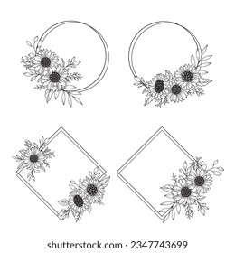 Sunflower Frames Line Art, Fine Line Sunflower Frames Hand Drawn Illustration. Coloring Page with SunFlowers