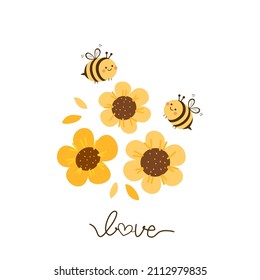 Sunflower garden with bee cartoons and hand written text isolated on white background vector illustration.