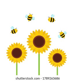 Sunflower garden with cute flying bees, beautiful summer background vector illustration.