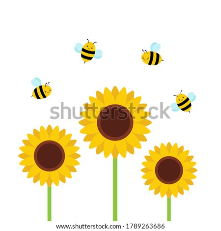 Sunflower garden with cute flying bees, beautiful summer background vector illustration.