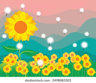Jardín de girasol con fondo de paisaje al atardecer