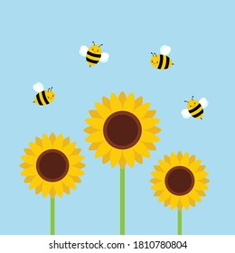 Sunflower garden with flying bees, beautiful summer background cartoon vector illustration.