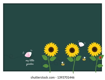 Sunflower garden with flying bees, butterfly, lady bug on green background vector illustration.