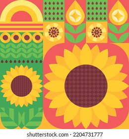 Sunflower geometric seamless pattern. Abstract modern creative backgroung with sunflower, oildrop, sun simbols. Wallpaper, decorative texture for label, packaging, textile, fabric, corporate identity