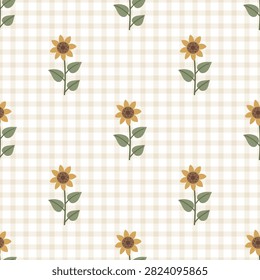 Sunflower gingham seamless pattern on beige plaid background vector