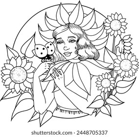 Sunflower girl elf coloring page for adult and children lineart