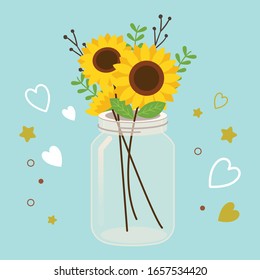 The sunflower in the glass jar in flat vector illustration style. Graphic resource about flower for for banner, sticker label and greeting card