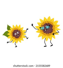 Sunflower with glasses and grandson dancing character with happy emotion, face, smile eyes, arms and legs. Plant person with expression, yellow sun flower emoticon. Vector flat illustration