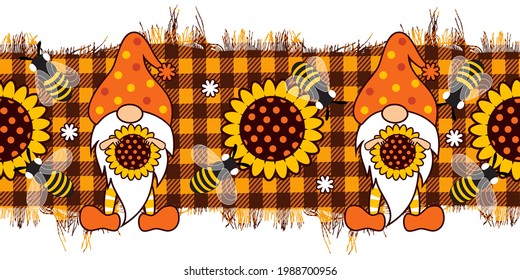 
Sunflower gnomes and bees on a checkered background. Seamless vector pattern. Honey farms decor. Design ribbon.