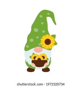 Sunflower gnomes. Vector gnomes wearing bees holding sunflowers.