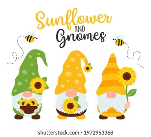 Sunflower gnomes. Vector gnomes wearing bees holding sunflowers.