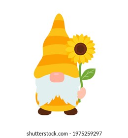 Sunflower gnomes. Vector gnomes wearing bees holding sunflowers.