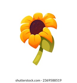 Sunflower with Green Leaves. 3d Icon. Vector Illustration in Cartoon Style.