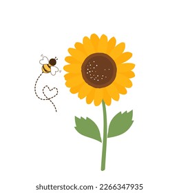 Sonnenblume mit grünen Blättern und Bienencartoon einzeln auf weißem Hintergrund, Vektorgrafik.