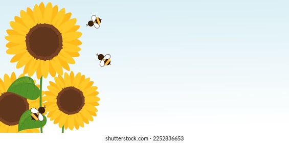 Sunflower, green leaves and bee cartoons on blue sky background vector illustration. 