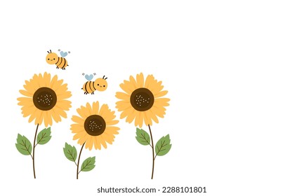 Sunflower with green leaves and bee cartoons isolated on white background vector illustration.