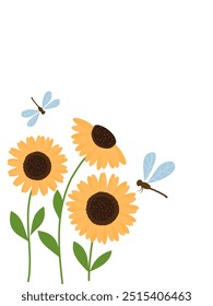 Sunflower with green leaves and dragonfly cartoons isolated on white background vector.