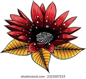 Sunflower with green leaves in flat style isolated on white background. Vector Illustration