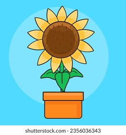 Sunflower with green leaves in flat style isolated on blue background. Vector Illustration