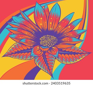 Sunflower with green leaves in flat style isolated on white background. Vector Illustration