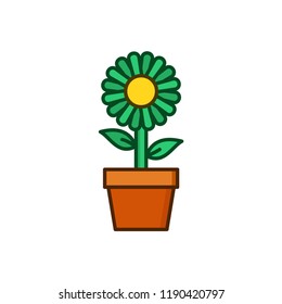 Sunflower with green leaves and pot in flat style isolated on white background.