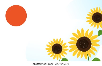 Sunflower, green leaves and red sun on blue sky background vector illustration.