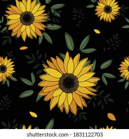 Sunflower with green leaves seamless pattern. You can use this pattern for fabric, wallpaper, wrapping paper etc.