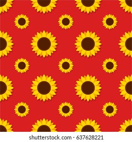 Sunflower with green leaves seamless pattern. Sunflowers on red background vector illustration