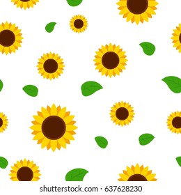 Sunflower with green leaves seamless pattern. Sunflowers on white background vector illustration