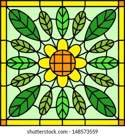 Sunflower with green leaves, stained glass window vector illustration, folk style tile design