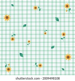 Sunflower Green Mint Gingham Pattern Background Editable Stroke. Vector Illustration Tablecloth, Picnic Mat, Fabric Pattern, Textile