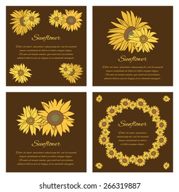 Sunflower greeting card set. Yellow vector flowers on the dark background collection