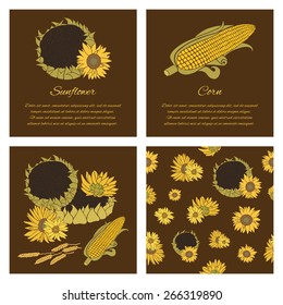 Sunflower greeting card set. Yellow vector flowers on the dark background collection