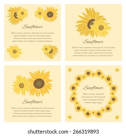 Sunflower greeting card set. Yellow vector flowers on the bright background collection