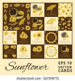 Sunflower greeting card set. Yellow vector flowers on the bright background collection