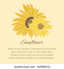 Sunflower greeting card. Yellow and green flower on the bright background