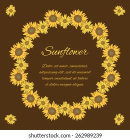 Sunflower greeting card. Yellow and green flower on the dark background