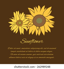 Sunflower greeting card. Yellow and green flower on the dark background