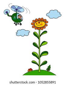 Sunflower grow very big to the sky and man in the helicopter is wondering how it`s possible. Colored vector, illustration.