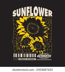 Ilustración vectorial de estilo grunge de girasol para diseño de carteles, ropa de calle o camisetas